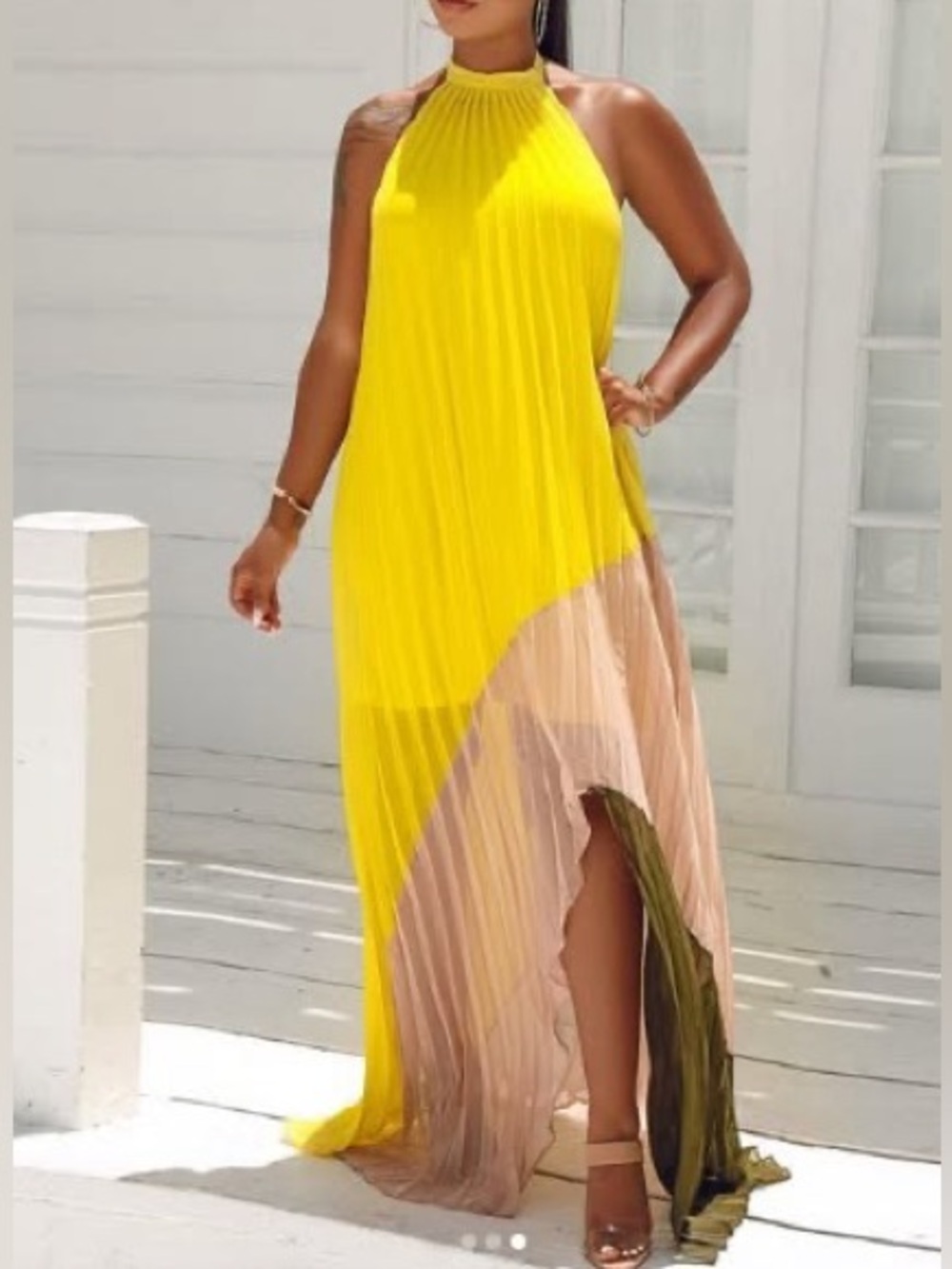 NEW Yellow Beige Pleated Asymmetrical Open Back Maxi Dress
